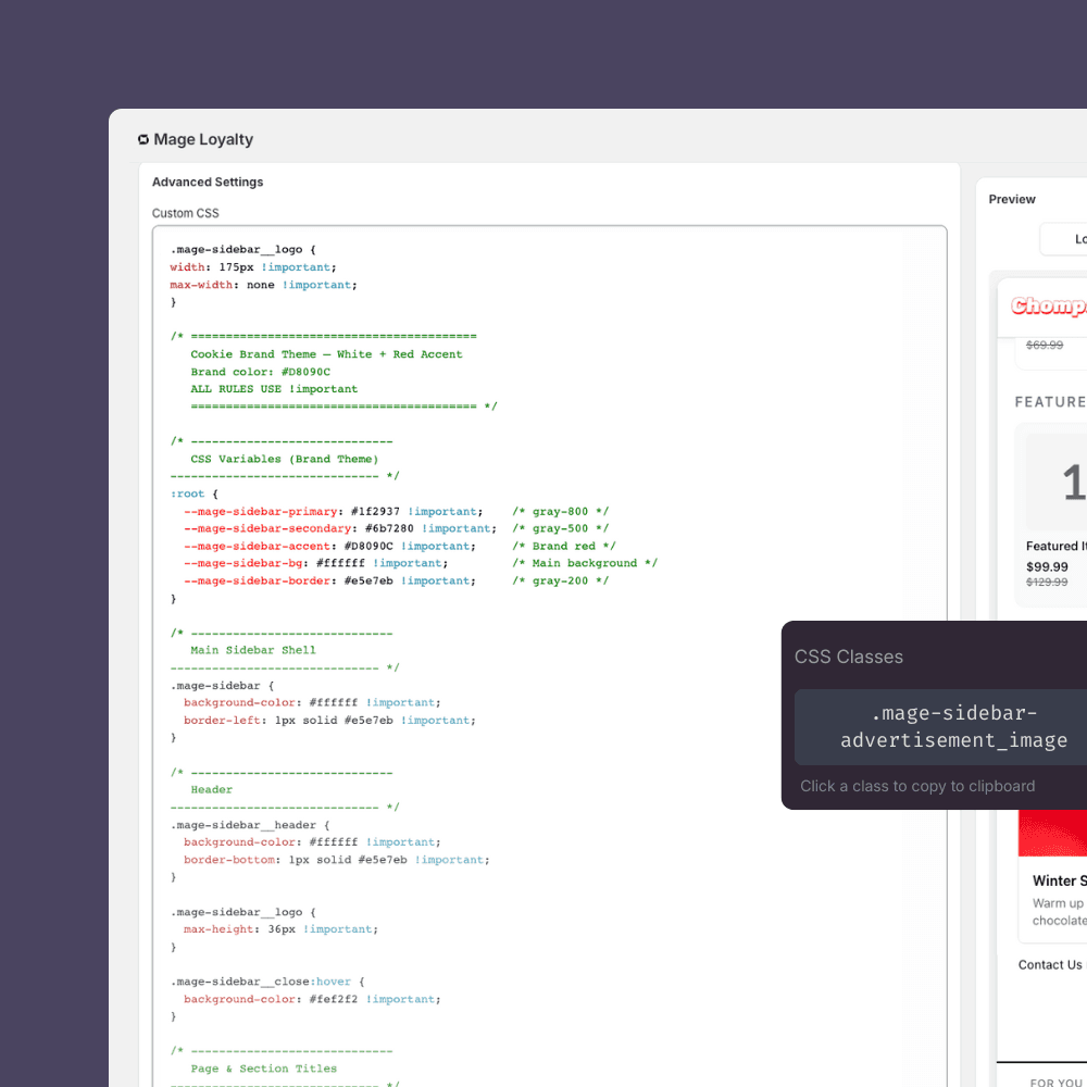 Mage developer toolkit showing CSS customization and live preview
