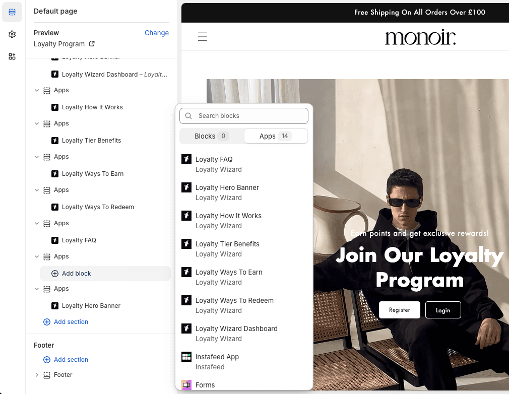 Setting up your Loyalty Program with the Dawn Theme in Shopify - Adding Block via Shopify Customize