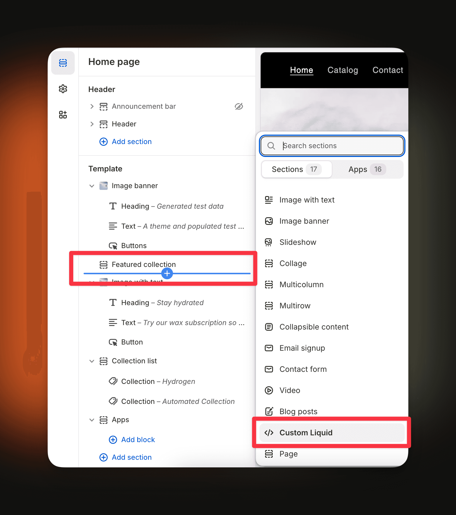 Select add section on the shopify theme editor