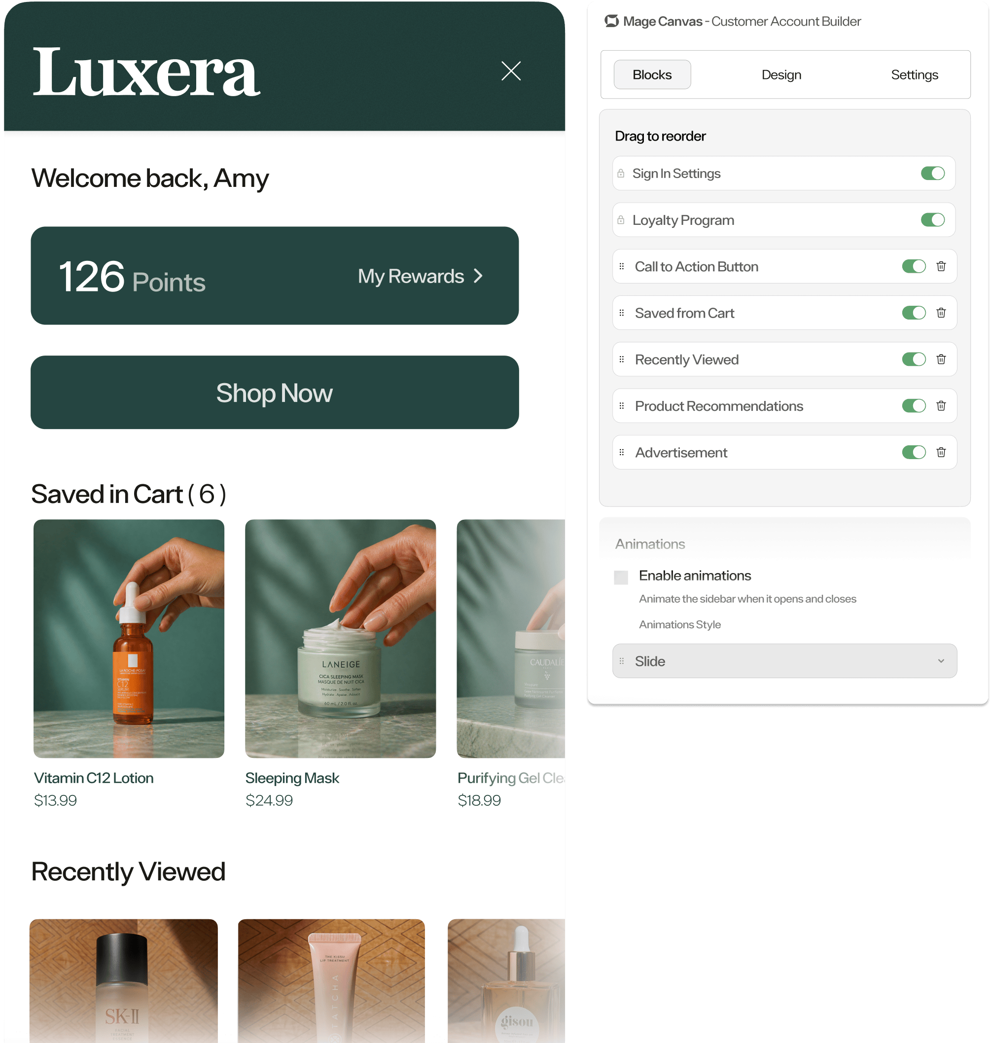Mage Customer Account sidebar with loyalty, orders, returns, and recommendations unified