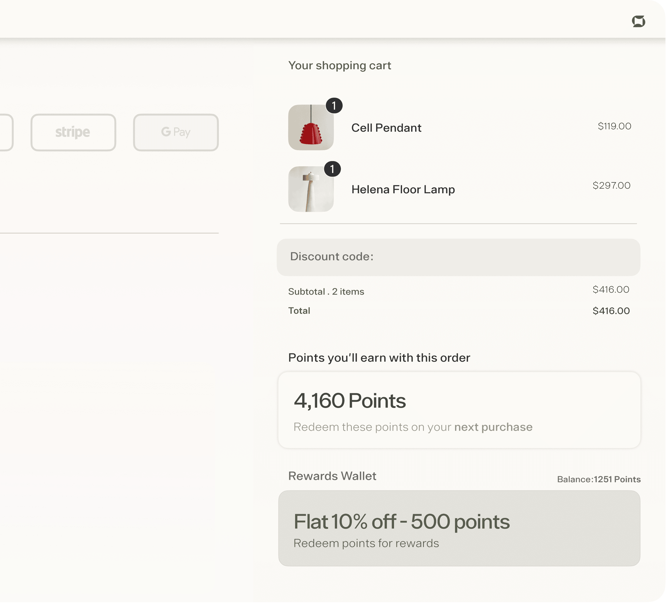 Loyalty program widget showing points balance and rewards