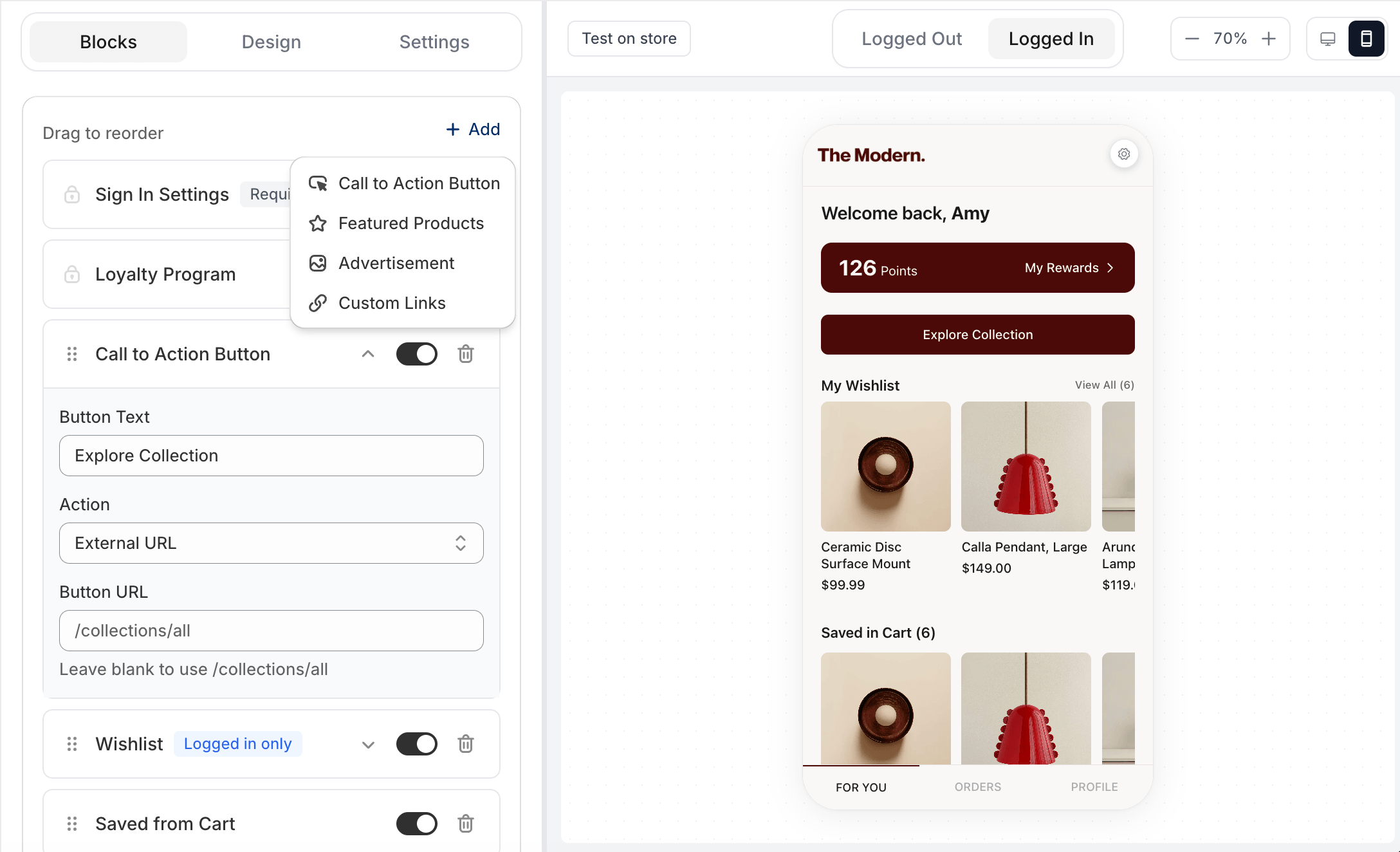Mage no-code account menu builder