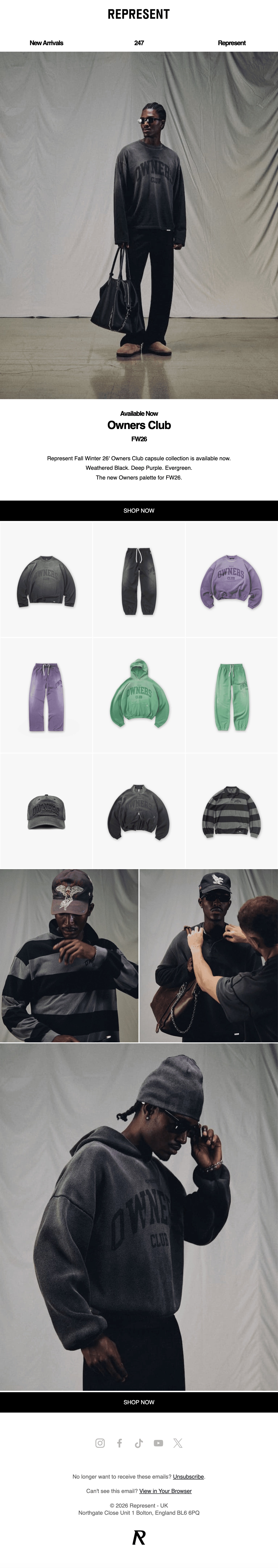 Represent Owners Club launch email: a hero image, a grid pairing each sweatshirt with its matching sweatpants in black, purple and green plus a cap, then lookbook photos of the pieces worn together